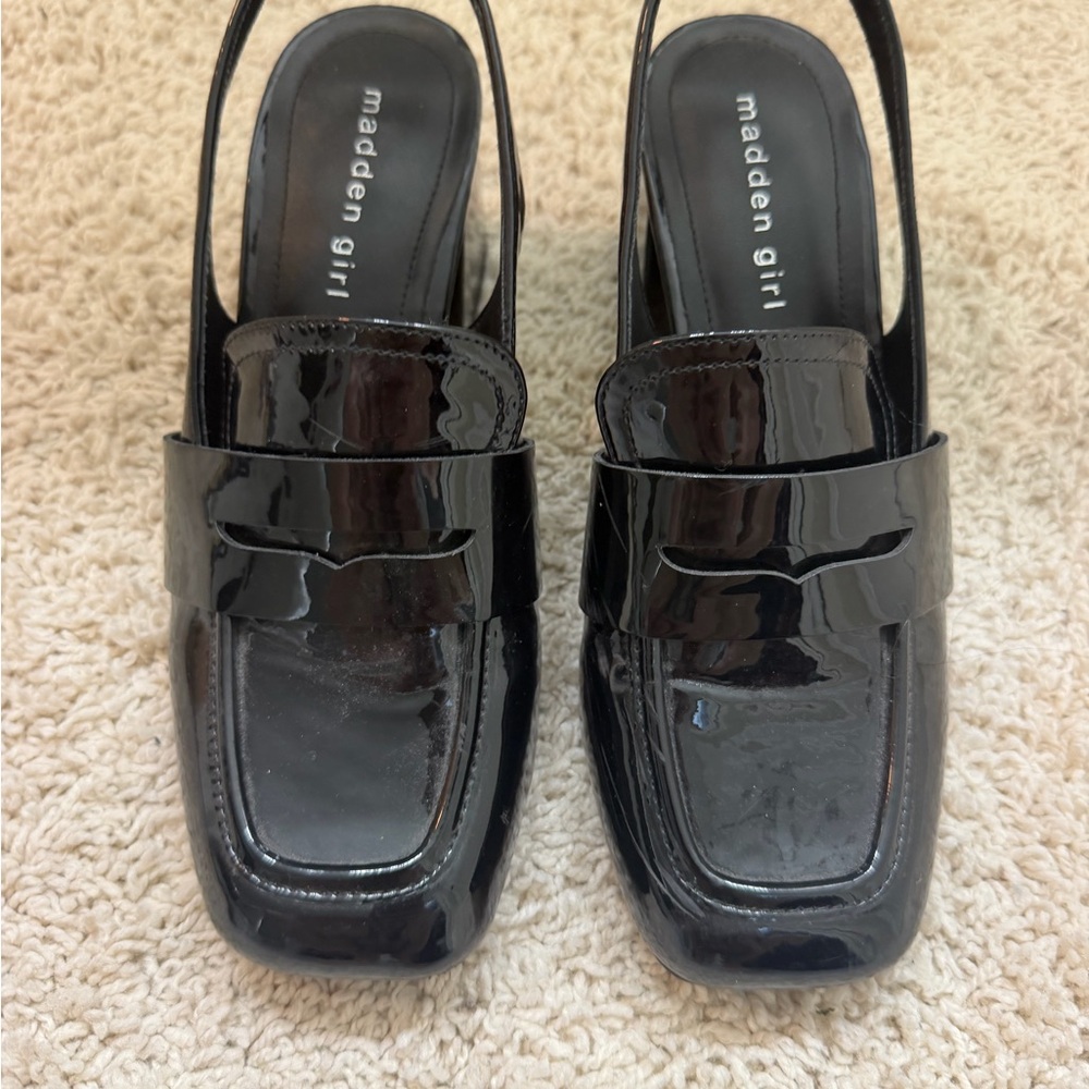 Madden Girl Black Patent Slingback Loafer Heels